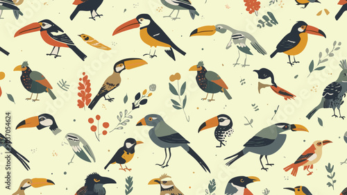 Vector illustration of a repeating pattern of birds in a flat design style, featuring stylized motifs on a fabric-like texture, with bold lines