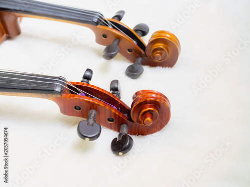 Two pieces of Scroll violin,show detail of acoustic instrument,