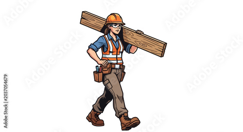 Woman construction worker carrying wood plank wearing safety gear vector illustration