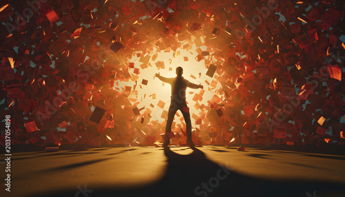 Silhouette breaking through wall of debt bills toward golden light, financial freedom concept