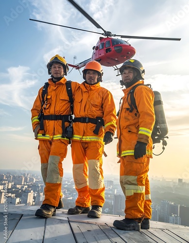 Firefighters standing on rooftop with helicopter.