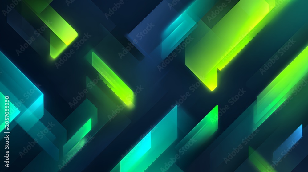Obraz premium Abstract Futuristic Geometric Diagonal Slabs Background with Glowing Green Blue and Cyan Neon Light Bars for Presentation Tech