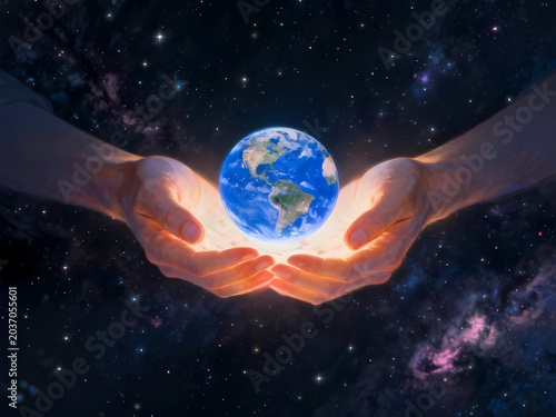 Conceptual illustration of two human hands gently holding a glowing planet Earth against a starry universe background.