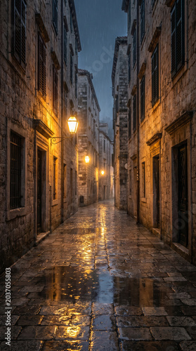 Stunning Narrow Cobblestone European City Street at Night in Rain With Golden Lamp Post Reflections in Puddles