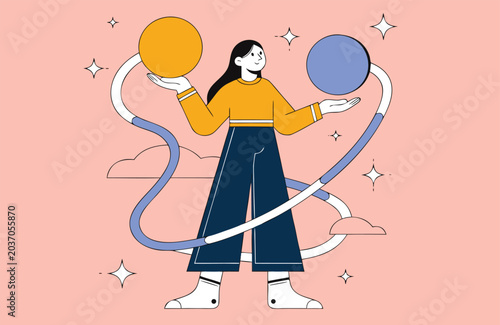 Foto Woman balances spheres sun and moon concept yin yang mental health self care bal
