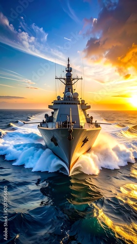 Warship sailing through ocean waves sunset.