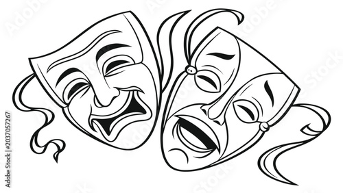 Vector illustration of classic comedy and tragedy theatrical masks representing drama and acting with dramatic