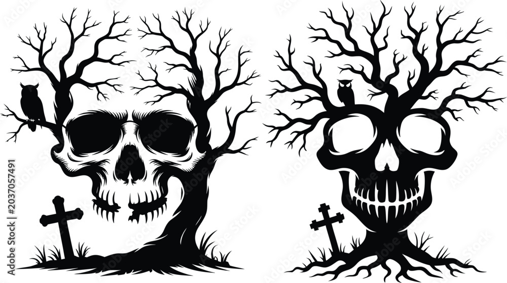Fototapeta premium Skull Tree Horror Illustration Bundle, gothic skull art, creepy tree skull