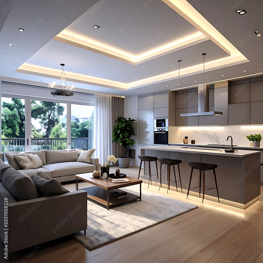 Fototapeta premium Modern living room with kitchen island.