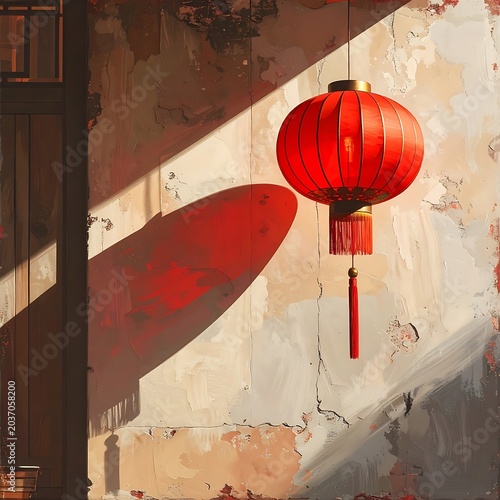Red Chinese Lantern Hanging on Wall.