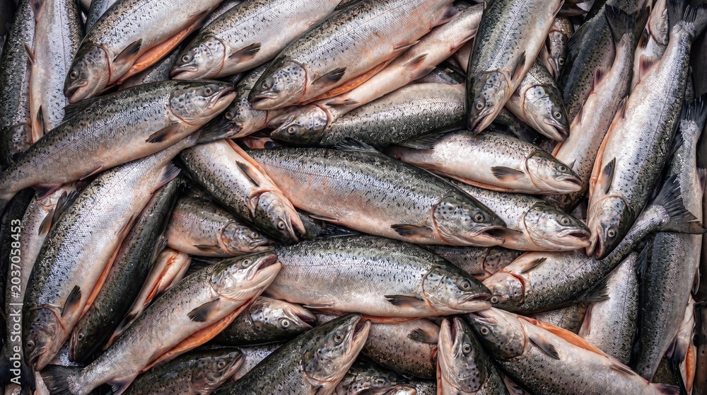 Obraz premium A large pile of fresh whole salmon fish with silver scales and orange flesh visible in a close up overhead view