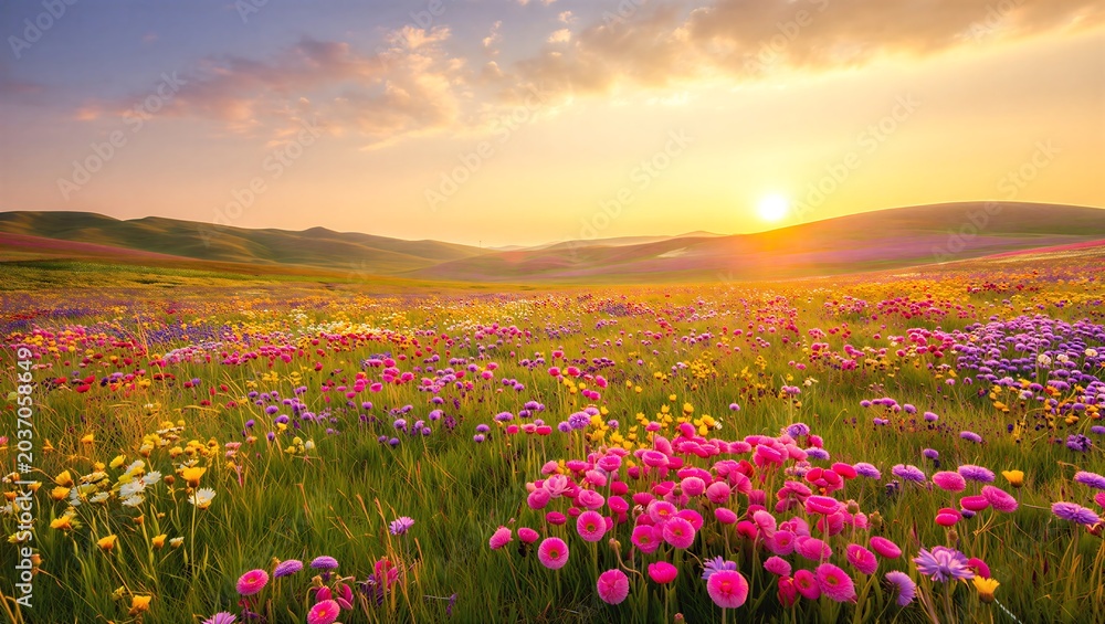 Fototapeta premium Wildflowers blooming in a meadow during a golden sunset with rolling hills in the background