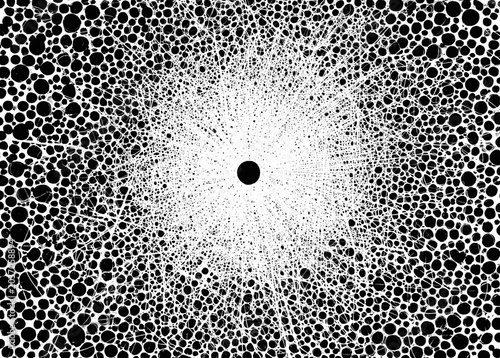 Black dots radiate from a central point. White space bursts outward in dynamic, chaotic motion. Pattern suggests expansion, explosion, or dispersal. Abstract design invites curiosity