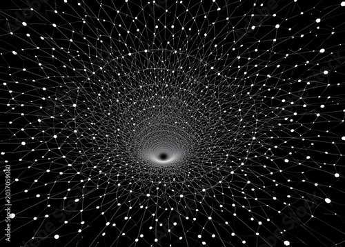 Dark void with glowing nodes and connecting lines. Dense network pulses toward central darkness. Abstract structure evokes deep space or digital realm. Ideal for tech, science, or futuristic concepts