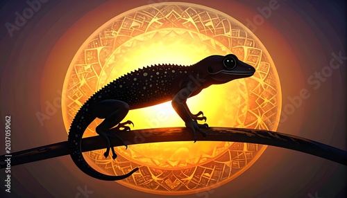 Lizard silhouette on branch sunset.