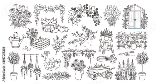 Photos Hand drawn garden icons set, botanical line art illustrations of greenhouse and