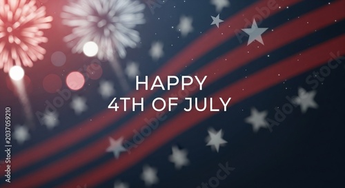Happy 4th of July text overlay on a blurred background of American flag stripes and stars with bokeh fireworks and light effects, celebrating Independence Day