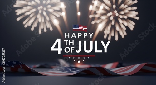 Happy 4th of July text with American flag and fireworks display in dark background, patriotic celebration concept, festive holiday graphic design