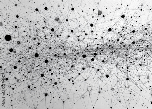 Abstract network of dots and lines. Black nodes connect across a soft gray field. Patterns suggest data flow or neural connections. Ideal for digital, tech, or scientific projects