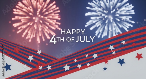 Happy 4th of July greeting with red and blue fireworks exploding in a dark night sky and patriotic red, white, and blue striped ribbons adorned with stars.