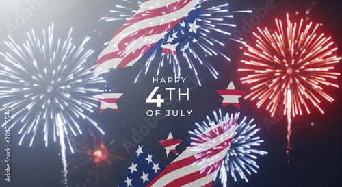 Happy 4th of July celebration with American flag elements and vibrant fireworks display in a dark night sky, festive patriotic holiday background