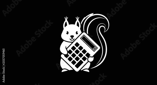 Slika na platnu Cute squirrel holding a calculator with a bushy tail on black background