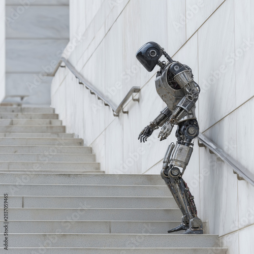 Metallic robot ascends concrete stairs beside modern building. Silver joints and dark helmet reflect urban surroundings. Image conveys future tech integrated into daily architecture