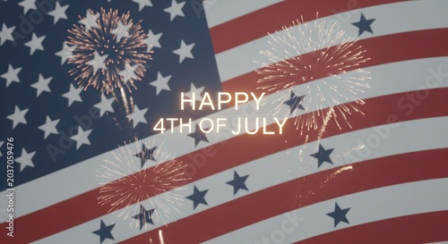 Animated fireworks explode over a blurred American flag with glowing text that reads HAPPY 4TH OF JULY, celebrating Independence Day with patriotic visuals and festive pyrotechnics.