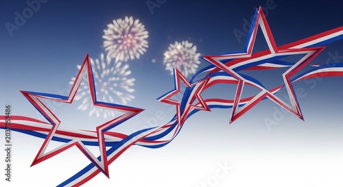 Red white and blue stars and ribbons flow across a gradient sky with fireworks in the background, symbolizing celebration and patriotism.
