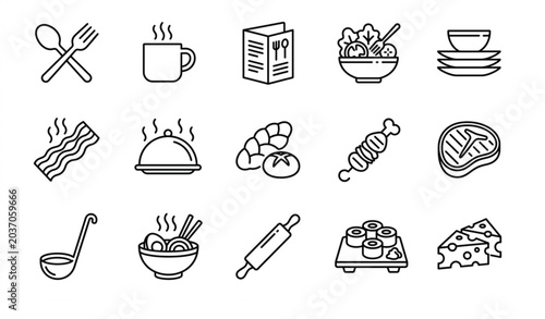 Modern monoline food and kitchen icon collection with cafe menu burger sushi and steak vectors