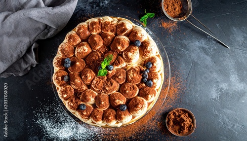 Decadent tiramisu cake with layers of mascarpone and coffee-soaked biscuits dusted with cocoa powder and blueberries