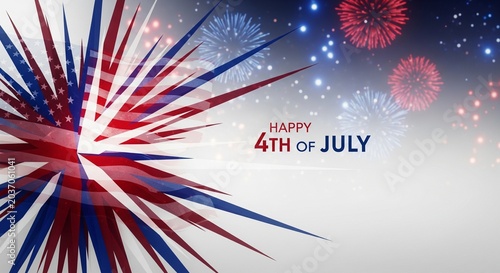 Abstract patriotic explosion graphic with American flag elements and fireworks, celebrating Independence Day with red, white, and blue colors and bokeh lights, festive holiday background.