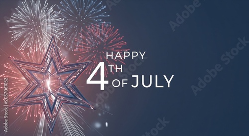 Festive 3D star graphic with red and blue fireworks exploding in the background on a dark blue gradient background with white text reading Happy 4th of July, patriotic celebration concept