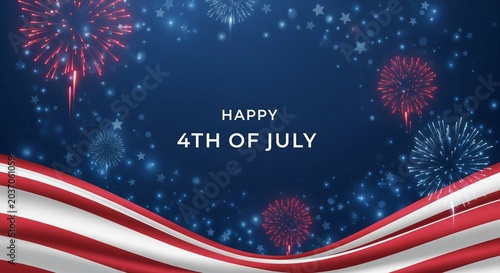 Happy 4th of July greeting with fireworks and American flag elements on a dark blue background with stars and bokeh lights, festive celebration concept