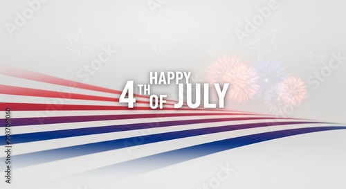 Happy 4th of July text with American flag stripes and fireworks on a white background with stars, patriotic holiday celebration graphic design