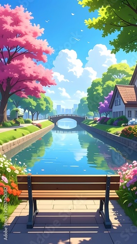 Serene park bench by tranquil canal.