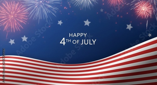 Happy 4th of July greeting with American flag waving and fireworks exploding in a dark blue night sky with stars and bokeh lights, patriotic celebration background