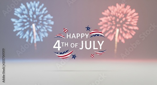 Happy 4th of July text with American flag elements and fireworks in red and blue colors against a soft gradient background, celebrating Independence Day with patriotic symbols and festive explosions.