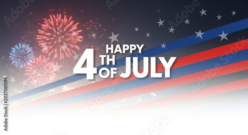 Happy 4th of July text with fireworks and American flag stripes background, festive celebration graphic design