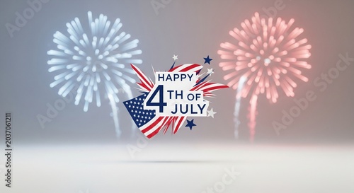 Happy 4th of July graphic with patriotic fireworks display in red, white, and blue colors, featuring American flag elements and stars against a soft gradient background, celebrating Independence Day.