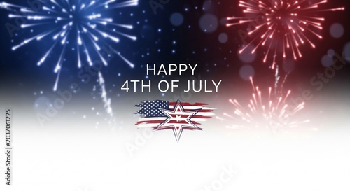 Happy 4th of July text with American flag graphic and fireworks exploding in a dark night sky with bokeh lights, patriotic celebration concept
