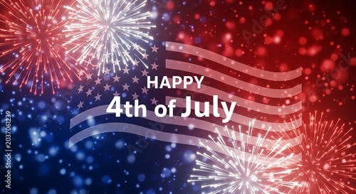 Happy 4th of July greeting with American flag and fireworks display in red and blue colors, festive celebration background with bokeh lights and sparkling effects, patriotic holiday concept.