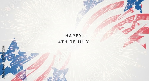 Abstract American flag elements and fireworks display with text Happy 4th of July on a bright white background, festive celebration concept, patriotic graphic design