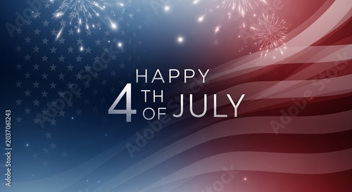 Happy 4th of July greeting with American flag elements, fireworks, and stars on a blue and red gradient background, festive celebration concept