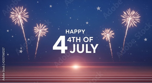 Happy 4th of July text with fireworks and American flag stripes background, patriotic celebration, festive holiday, night sky with stars and glowing light effect