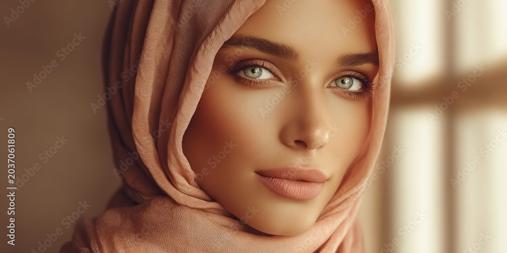 Fototapeta premium Elegant Arabic woman with striking green eyes wearing a soft pastel hijab