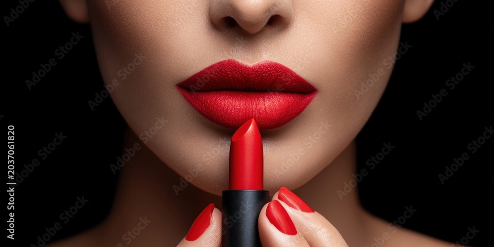 Fototapeta premium Close-up of a woman applying bold red lipstick for a glamorous look