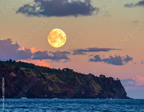 Moonlit ocean landscape with rocky cliff.
