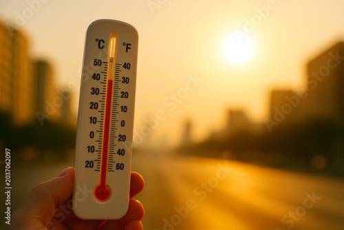 Hand holds a high-reading thermometer marked 