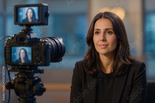 Woman in dark blazer before a camera, her face on the screen during an indoor interview. Concept of media production and pro portrait. For blog post about video interview